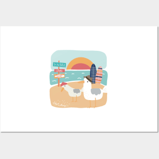 The two Seagulls at the beach celebrating summer holiday by the Sea, holiday memory on dark background Posters and Art